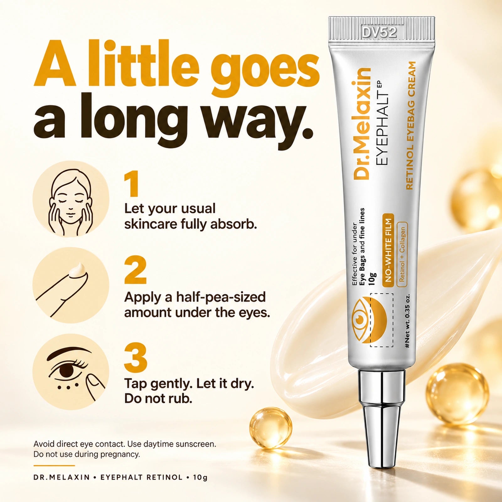 Dr. Melaxin Eyephalt Retinol Eyebag Cream 10g — half-pea application, tapping and drying instructions