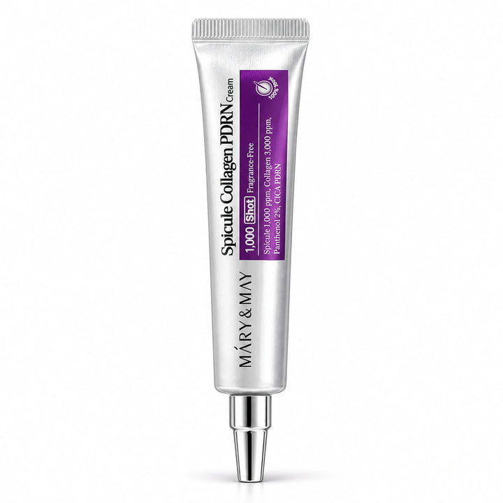 Mary & May Spicule Collagen PDRN Cream – 15g in its silver tube on a white background
