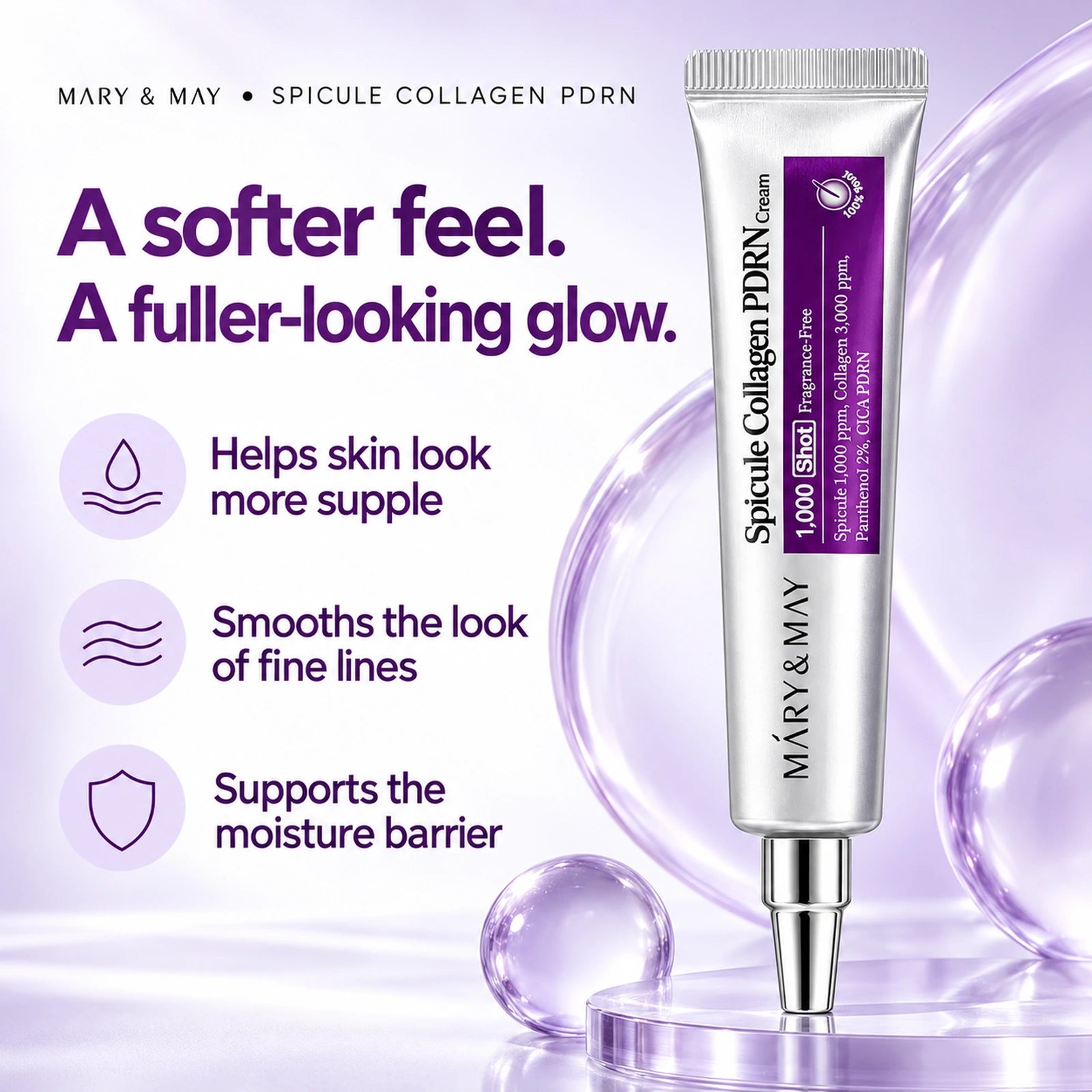 Mary & May Spicule Collagen PDRN Cream 15g — benefits for smoother, supple-looking skin and moisture-barrier support