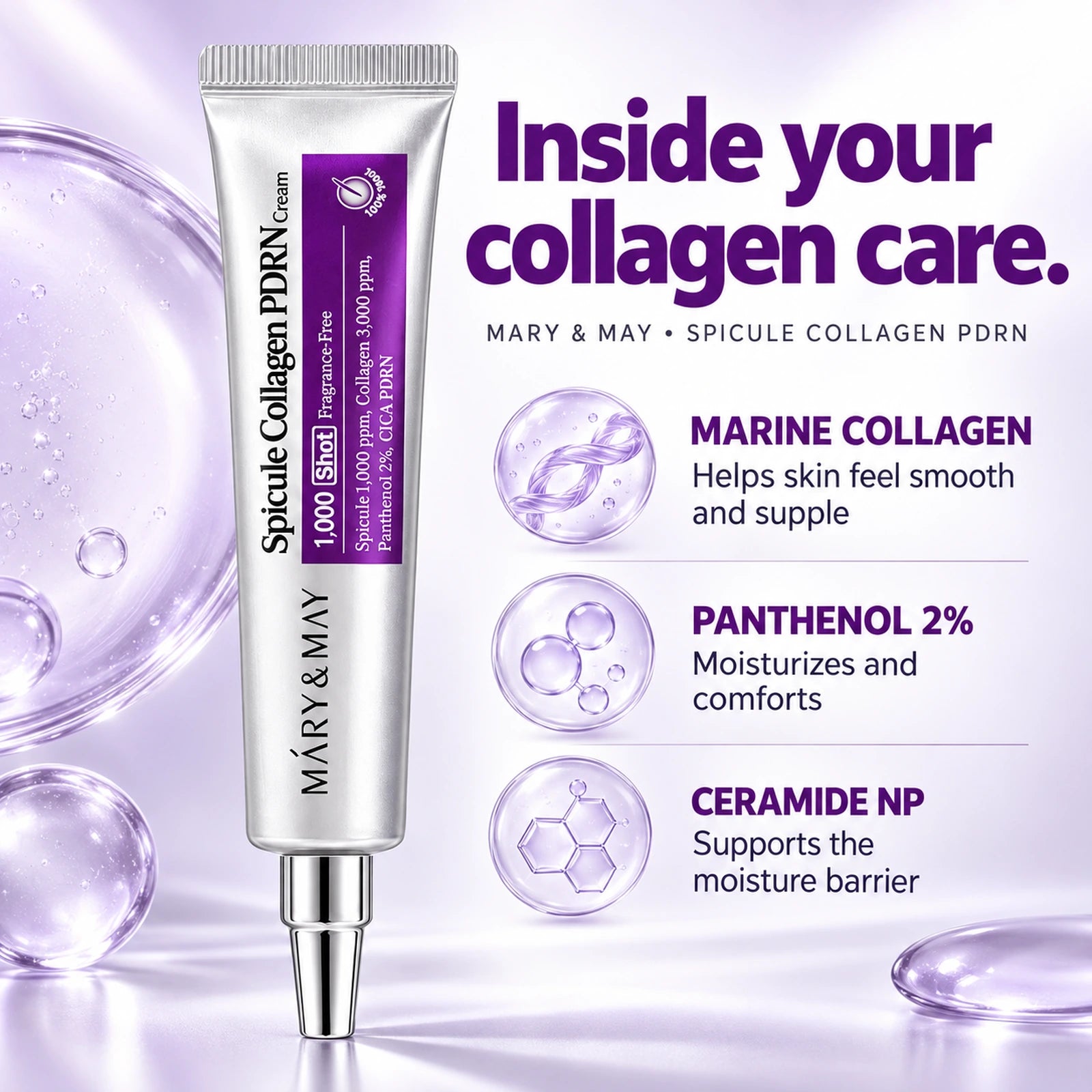 Mary & May Spicule Collagen PDRN Cream 15g — marine collagen, panthenol 2% and ceramide NP ingredient benefits