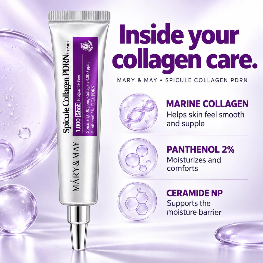 Mary & May Spicule Collagen PDRN Cream 15g — marine collagen, panthenol 2% and ceramide NP ingredient benefits