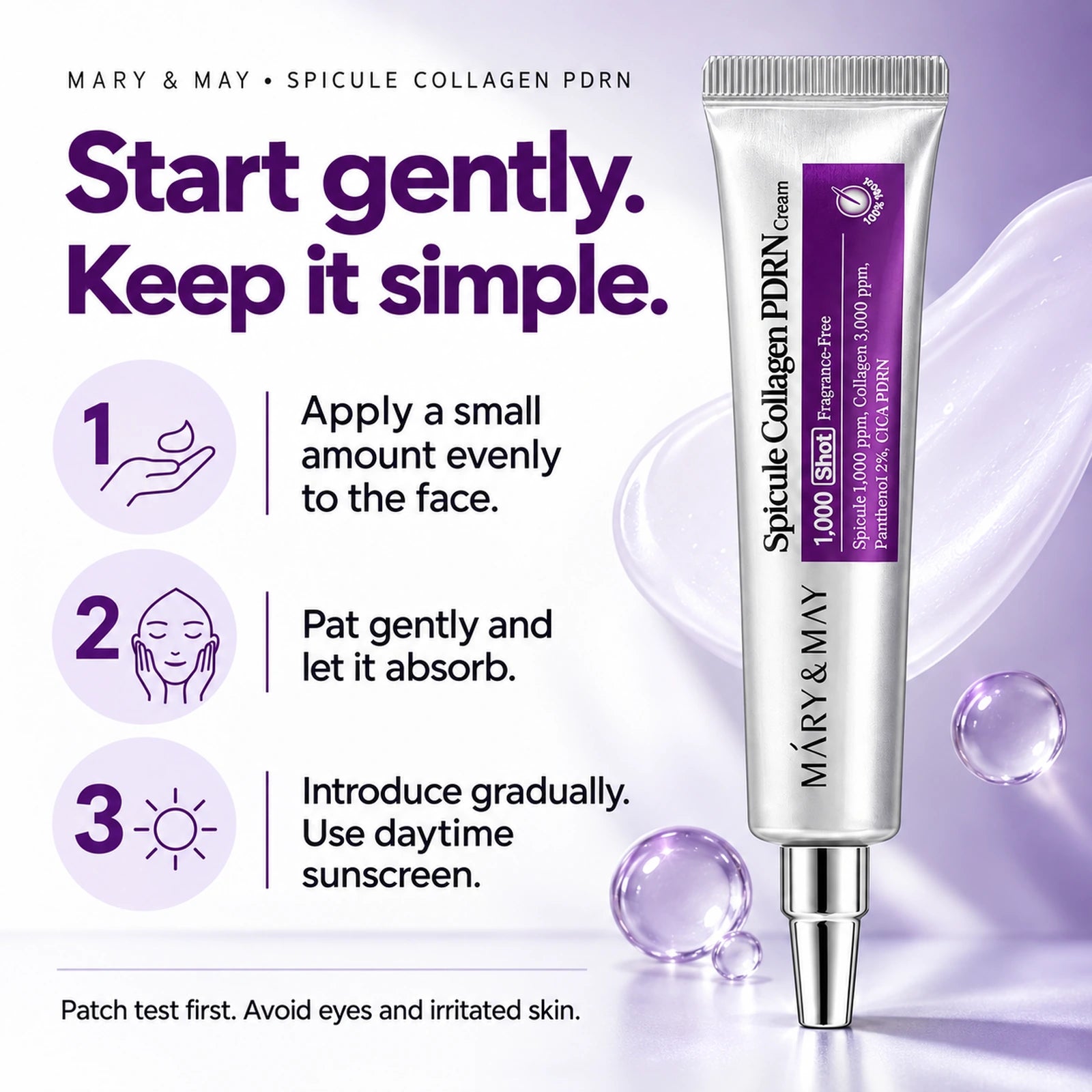 Mary & May Spicule Collagen PDRN Cream 15g — three-step application guide and patch-test precautions