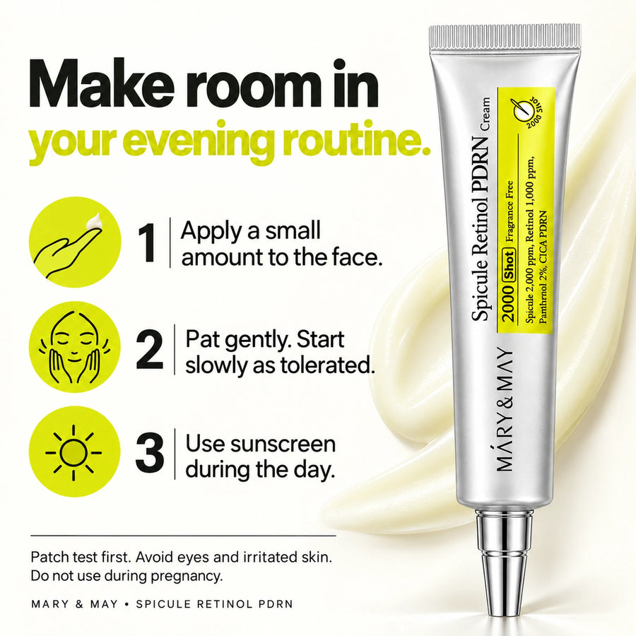 Mary & May Spicule Retinol PDRN Cream 15g — evening application, gradual introduction and sun-protection guide