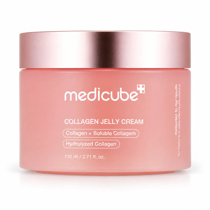Medicube Collagen Jelly Cream 110ml jar with matching metallic lid on a clean white background.