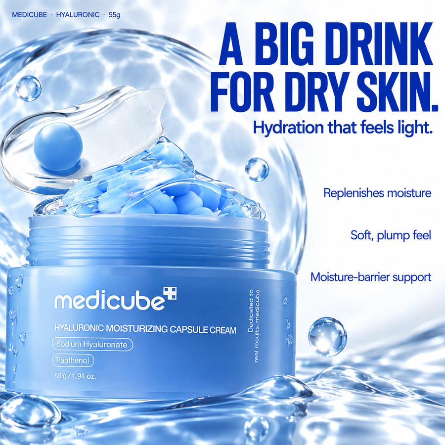 Medicube Hyaluronic Moisturizing Capsule Cream 55g: Replenishes skin with moisture; Helps skin feel softer and plumper; Supports the moisture barrier.