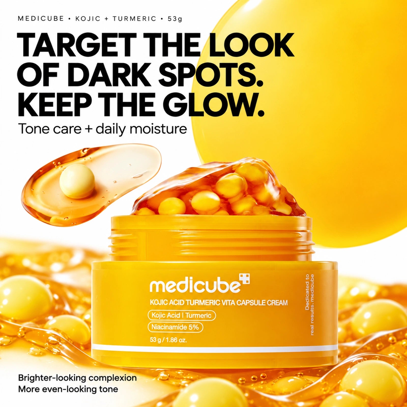 Medicube Kojic Acid Turmeric Vita Capsule Cream 53g: Helps even the look of skin tone; Brightens a dull-looking complexion; Adds comfortable daily moisture.