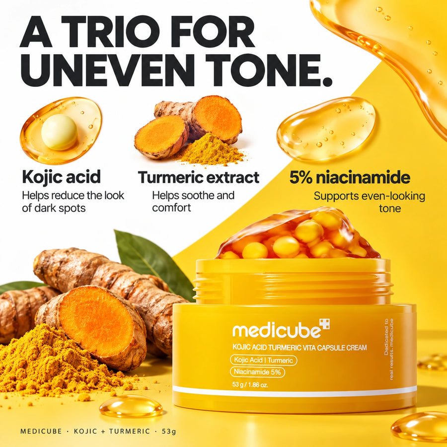 Medicube Kojic Acid Turmeric Vita Capsule Cream 53g: Kojic acid — Helps reduce the look of dark spots; Turmeric extract — Helps soothe and comfort skin; Niacinamide 5% — Supports more even-looking tone.