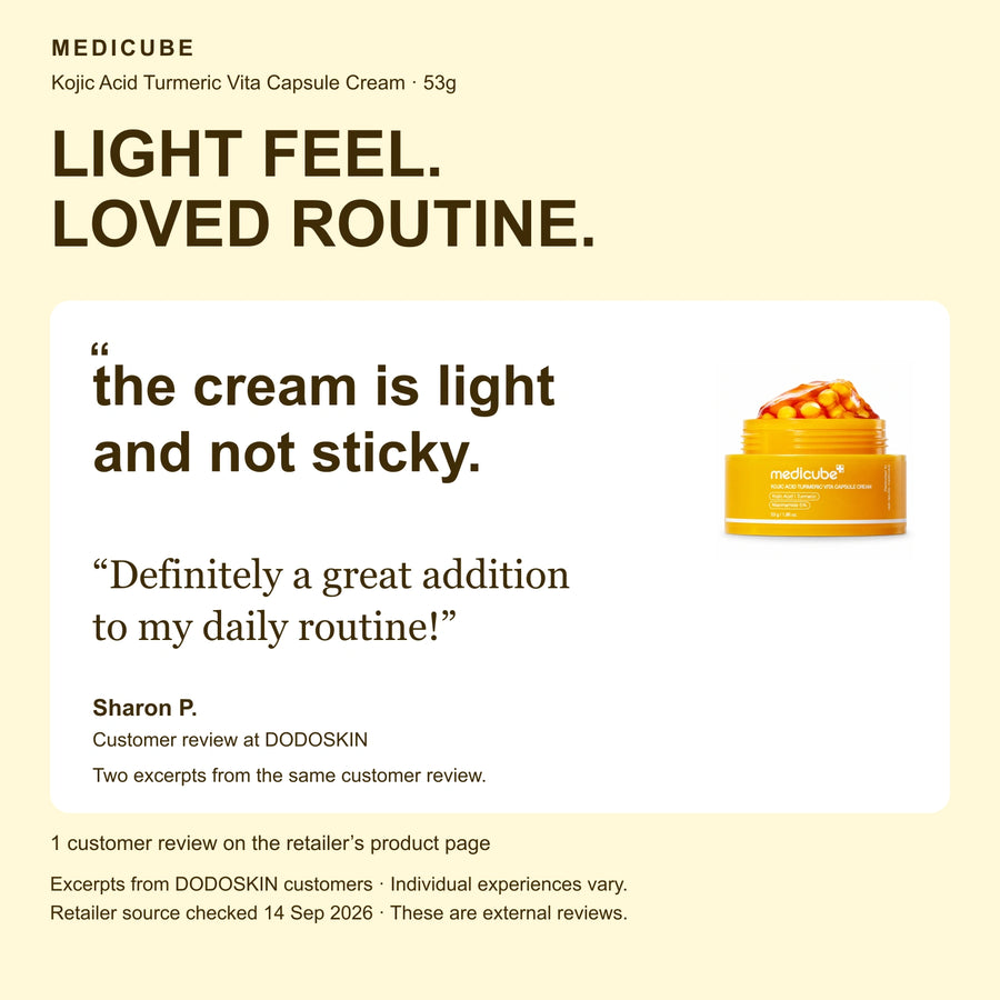 Genuine Medicube Kojic Acid Turmeric Vita Capsule Cream 53g customer review excerpts from DODOSKIN, attributed to the external retailer.