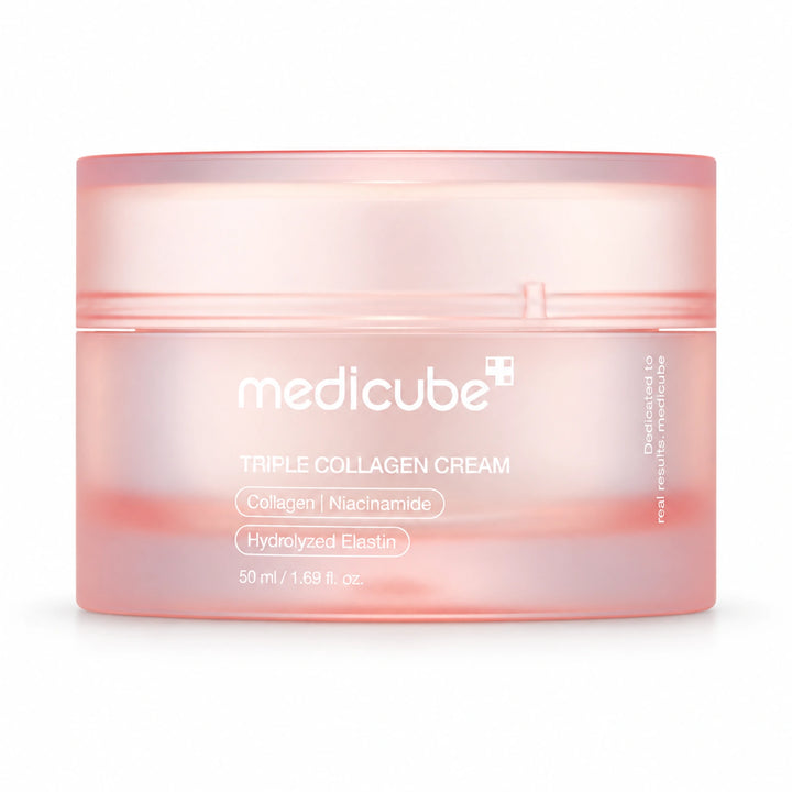Medicube Triple Collagen Cream 50ml jar on a white background with the matching Medicube label.