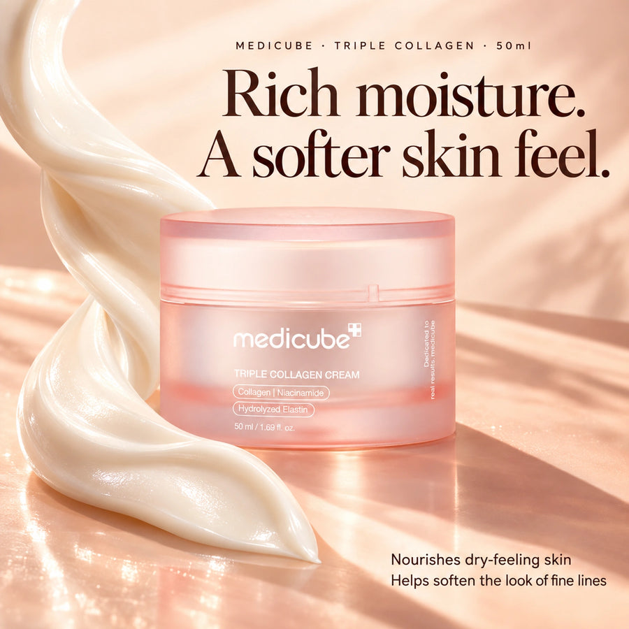 Medicube Triple Collagen Cream 50ml: Nourishes dry-feeling skin; Smooths the look of fine lines; Leaves skin soft and comfortable.