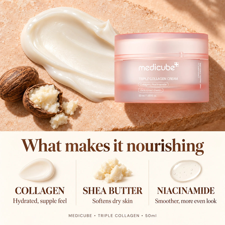 Medicube Triple Collagen Cream 50ml: Collagen — Helps skin feel hydrated and supple; Shea butter — Softens and nourishes dry skin; Niacinamide — Supports a smoother, more even look.