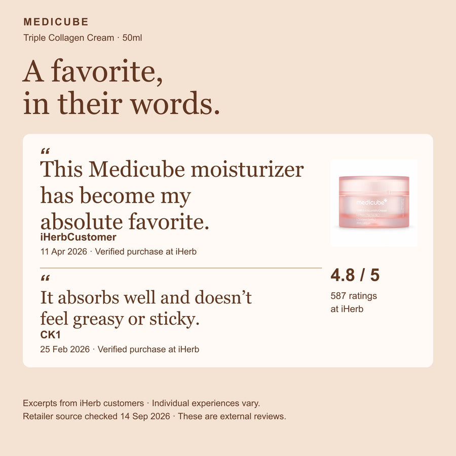 Genuine Medicube Triple Collagen Cream 50ml customer review excerpts from iHerb, attributed to the external retailer.