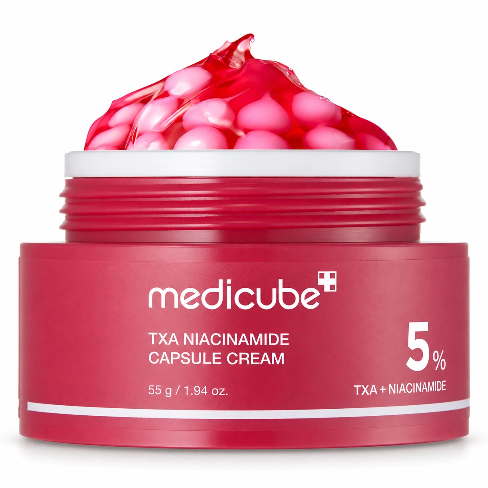 Medicube TXA Niacinamide Capsule Cream 55g jar on a white background with the matching Medicube label.