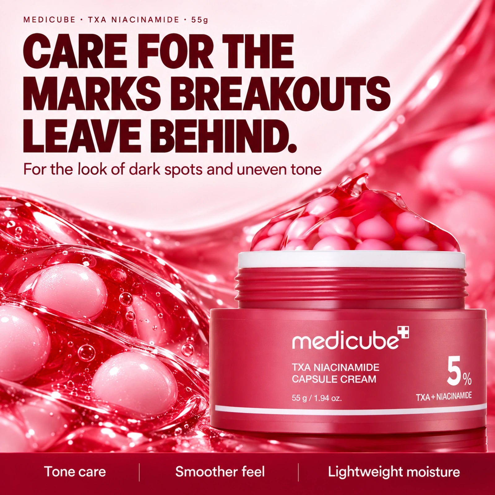 Medicube TXA Niacinamide Capsule Cream 55g: Helps fade the look of dark spots; Refines uneven-looking texture; Moisturizes without a heavy feel.