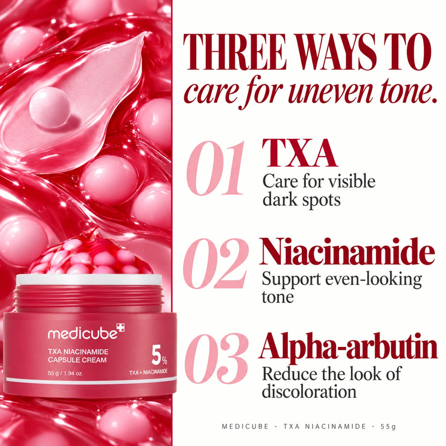 Medicube TXA Niacinamide Capsule Cream 55g: Tranexamic acid (TXA) — Helps care for visible dark spots; Niacinamide — Supports more even-looking tone; Alpha-arbutin — Helps reduce the look of discoloration.