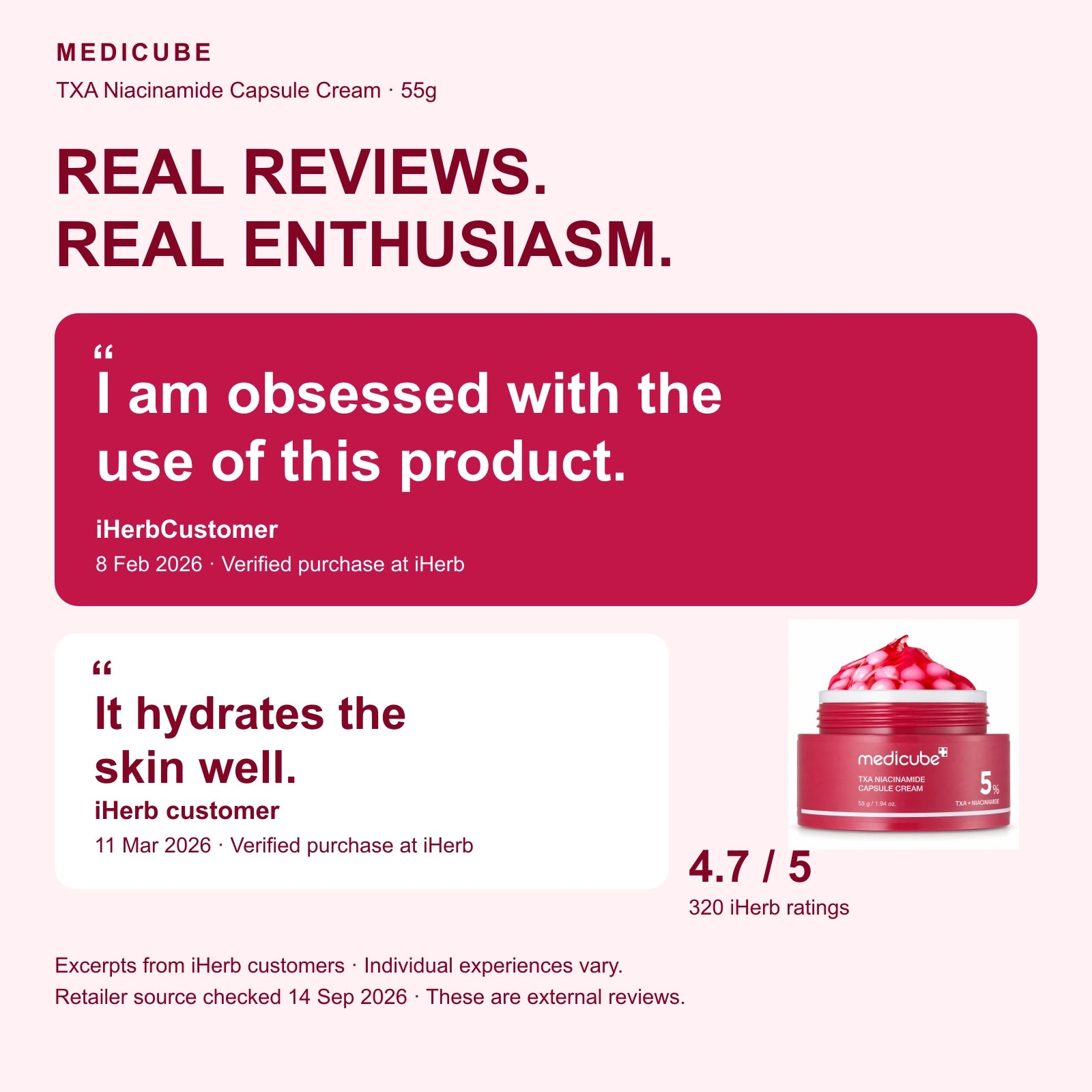Genuine Medicube TXA Niacinamide Capsule Cream 55g customer review excerpts from iHerb, attributed to the external retailer.