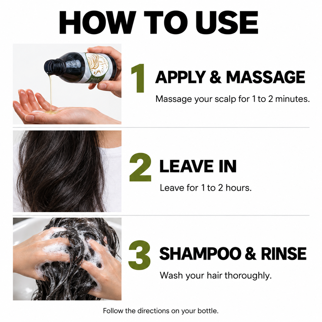 How to use Afghan Hair Oil: apply and massage, leave for one to two hours, then shampoo and rinse. Follow bottle directions.