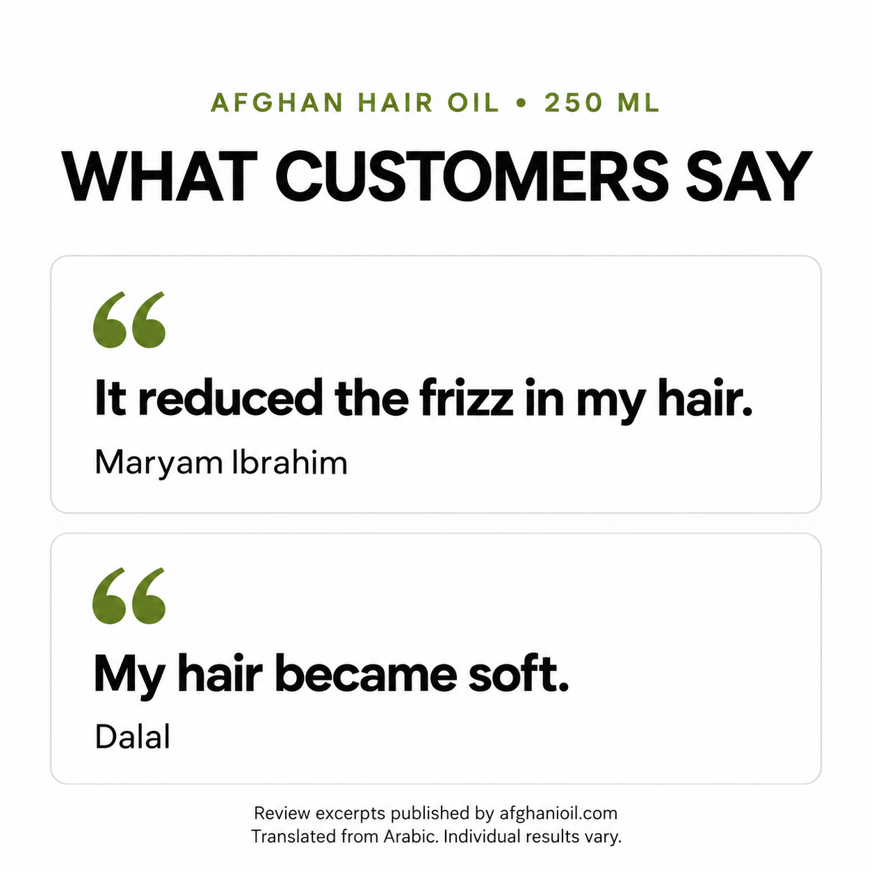 Customer review excerpts from Maryam Ibrahim and Dalal, published by afghanioil.com and translated from Arabic