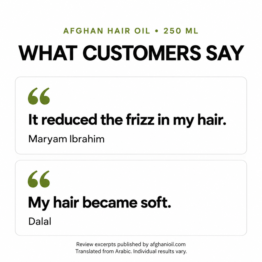 Customer review excerpts from Maryam Ibrahim and Dalal, published by afghanioil.com and translated from Arabic