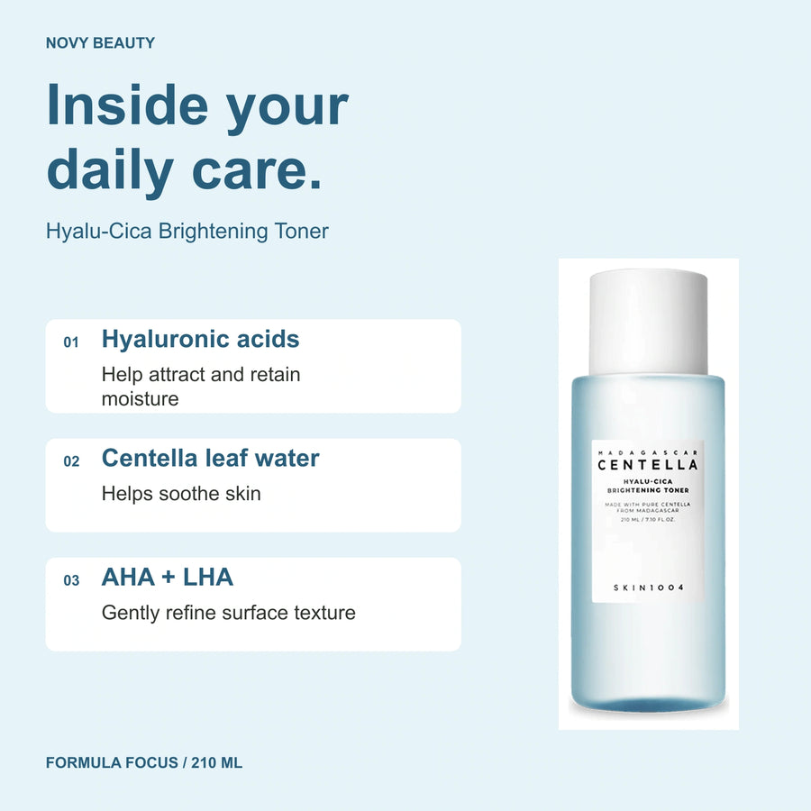 Hyalu-Cica Brightening Toner 210 ml key ingredients: Hyaluronic acids - Help attract and retain moisture; Centella leaf water - Helps soothe skin; AHA + LHA - Gently refine surface texture.