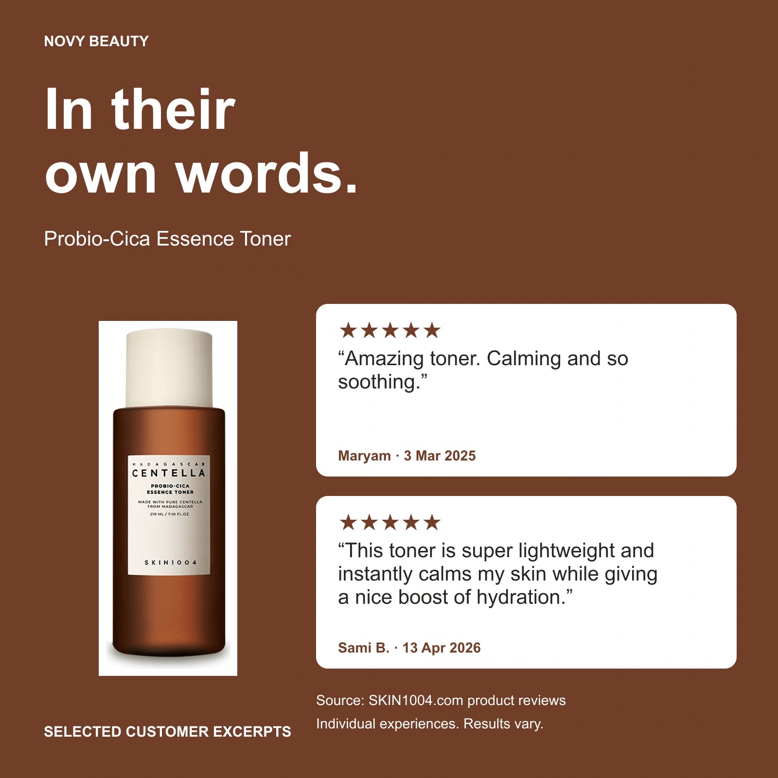 Probio-Cica Essence Toner customer-review excerpts published on SKIN1004.com: Maryam, 5/5, 03/03/2025: Amazing toner. Calming and so soothing. / Sami B., 5/5, 04/13/2026: This toner is super lightweight and instantly calms my skin while giving a nice boost of hydration. Individual experiences; results vary.