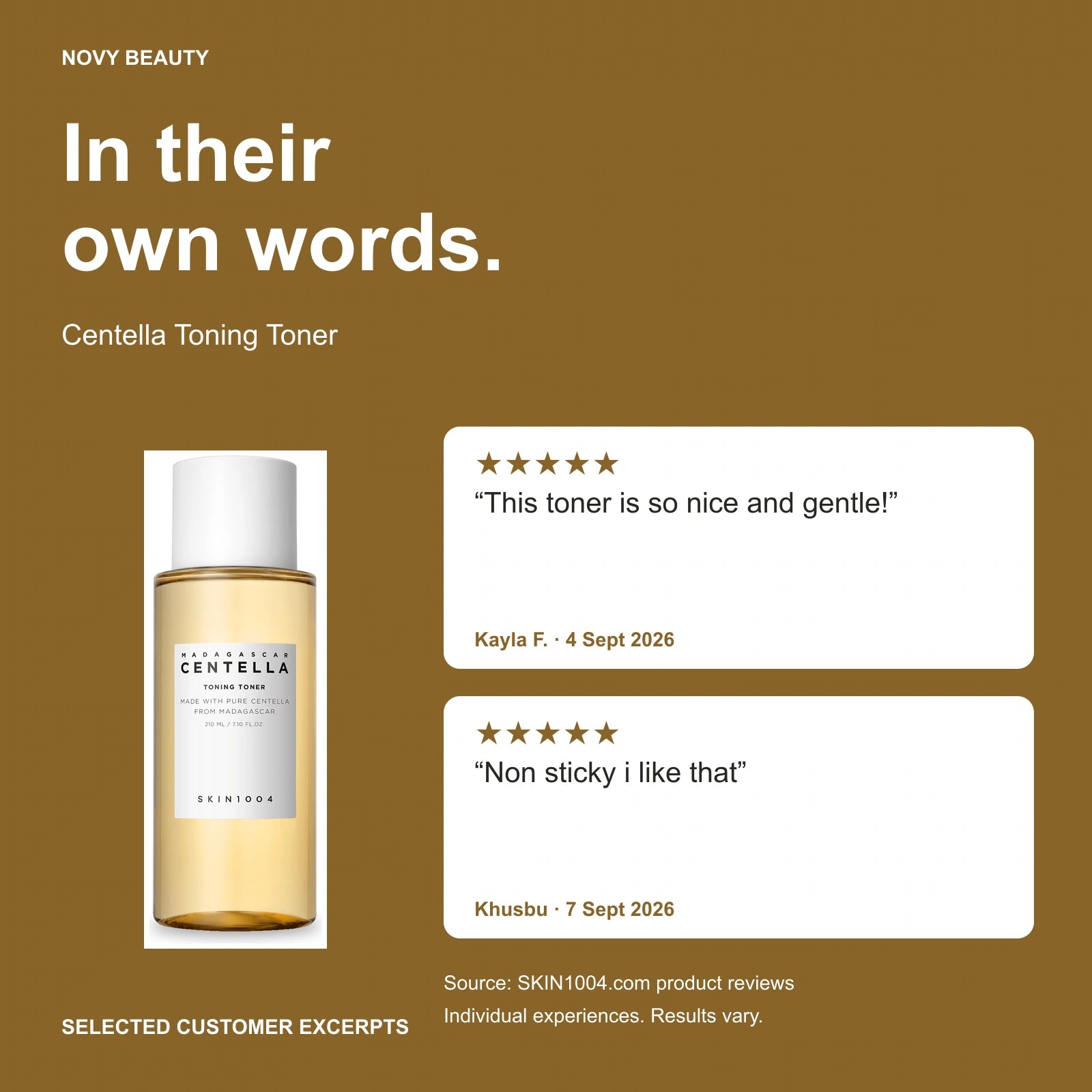Centella Toning Toner customer-review excerpts published on SKIN1004.com: Kayla F., 5/5, 09/04/2026: This toner is so nice and gentle! / Khusbu, 5/5, 09/07/2026: Non sticky i like that Individual experiences; results vary.